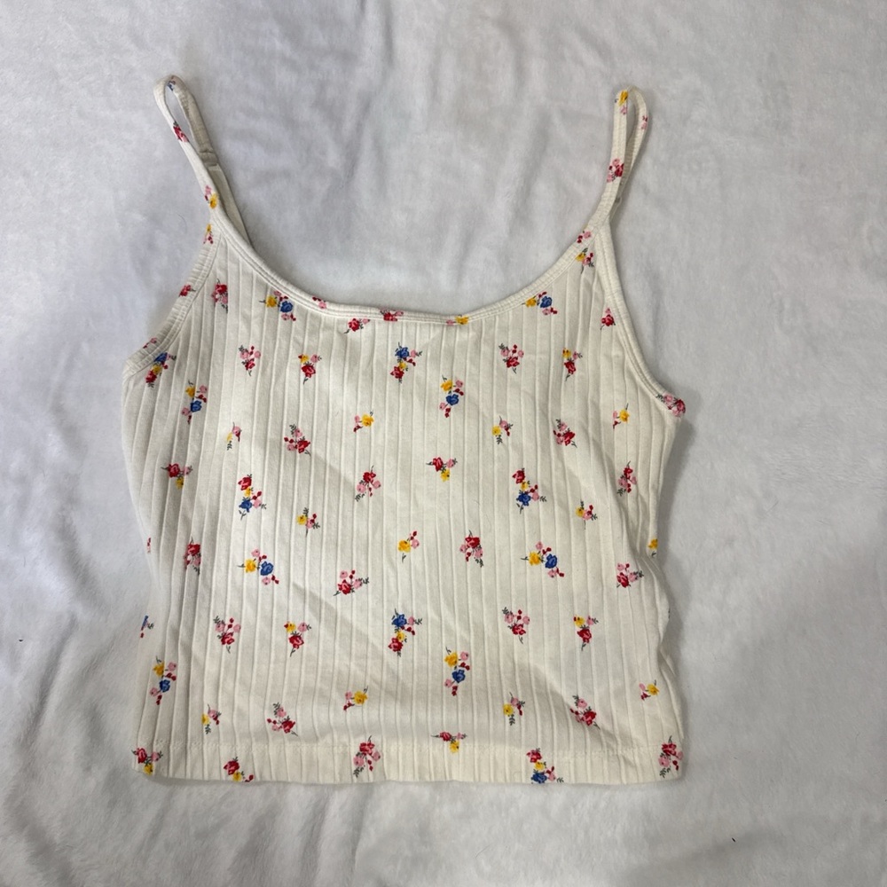 Old Navy Cream Ribbed Floral Cami with Red, Blue, and Yellow Flowers